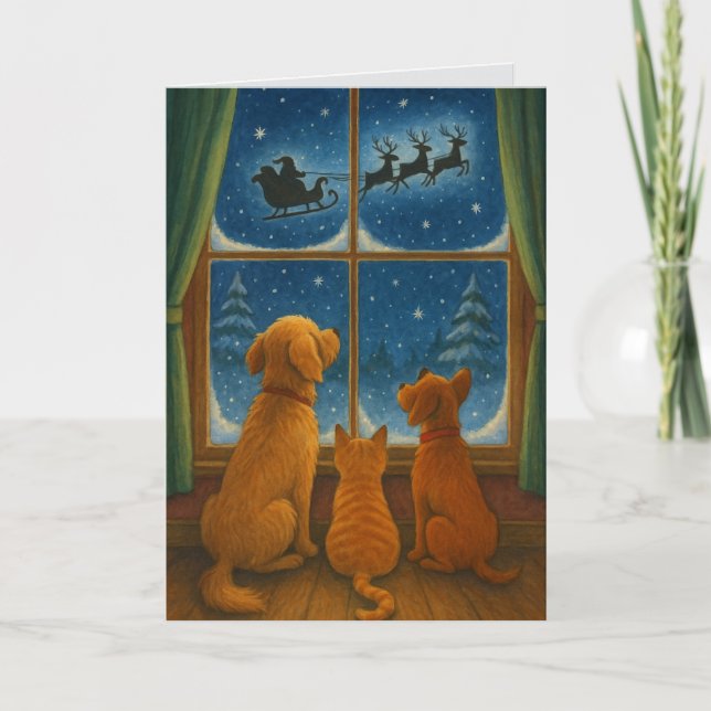 Carte Amis à fourrure regardant le Père Noël à Noël pers (Devant)