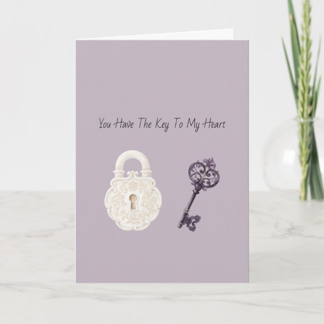 Carte Amour de clé violette de serrure blanche (Devant)