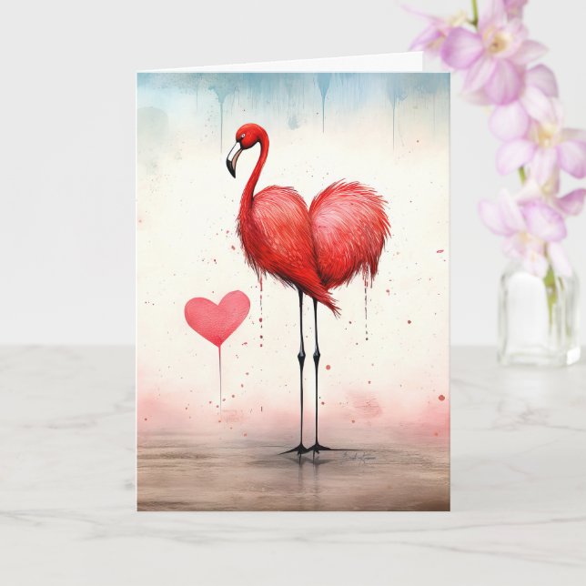Carte Amour en pleine plumes Flamant rose Valentin (Orchidée)