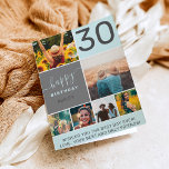 Carte Amusant 30 anniversaire bleu 6 photo collage grill<br><div class="desc">Moderne simple 30e anniversaire pastel bleu 6 photo collage grille avec pastel bleu clair et gris couleurs modifiables et typographie moderne.</div>