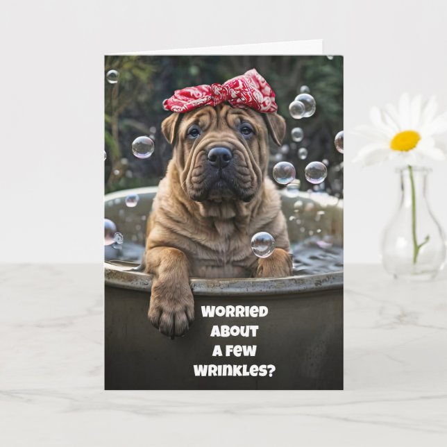 Carte Amusant Anniversaire mignon Shar Pei Puppy Bain de (Petite plante)