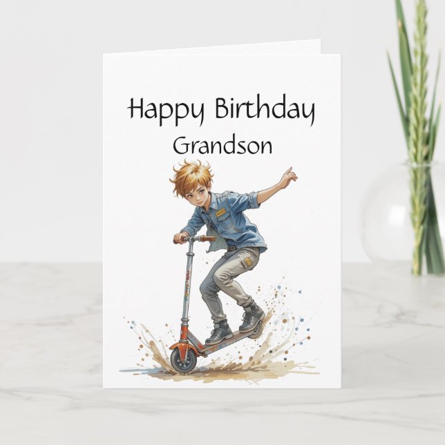 Carte Amusant Anniversaire Petit-fils garçon sur un Kick (Devant)