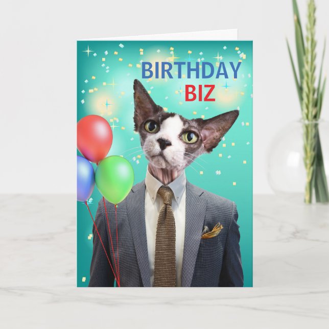 Carte Amusant Biz Chat d'anniversaire en costume et Crav (Devant)