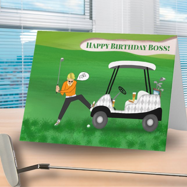 Carte Amusant Boss Golfer Anniversaire Avec Bière Et Chi (Créateur téléchargé)