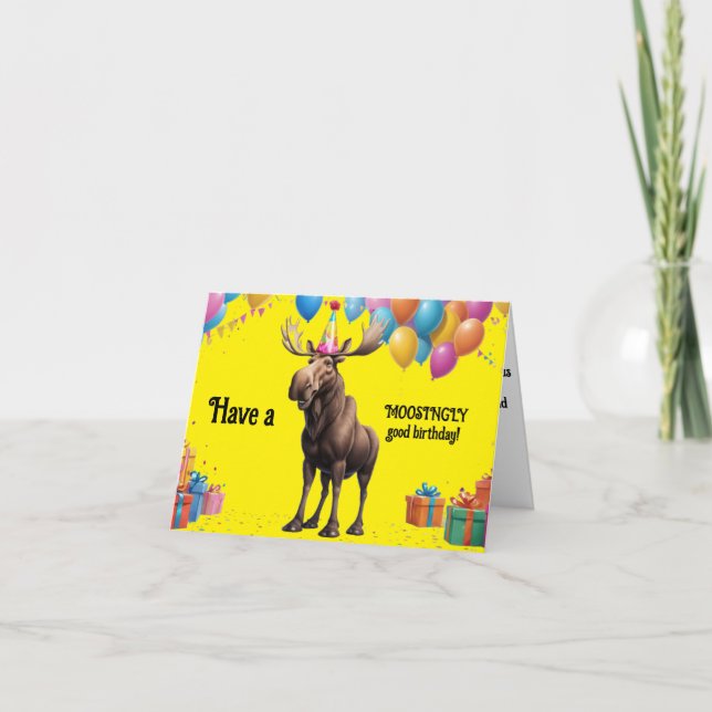 Carte Amusant Moose Anniversaire Salutation avec Ballons (Devant)