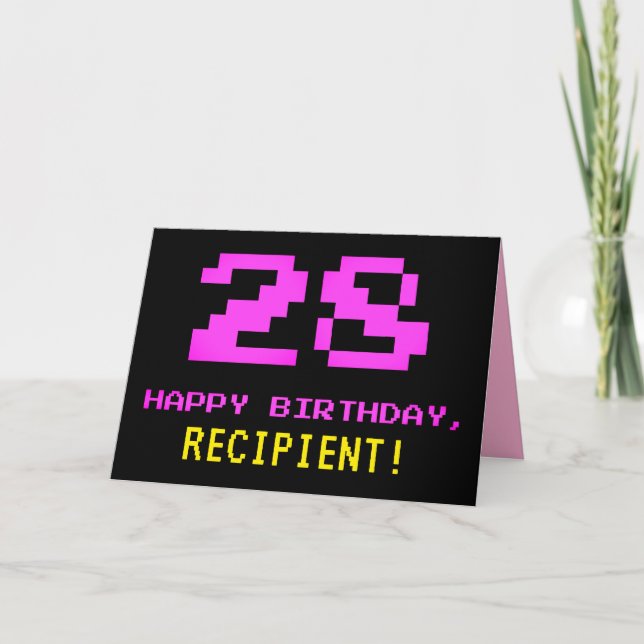 Carte Amusant, Nerdy, Geeky, Rose, 8 bits Style 28e anni (Devant)