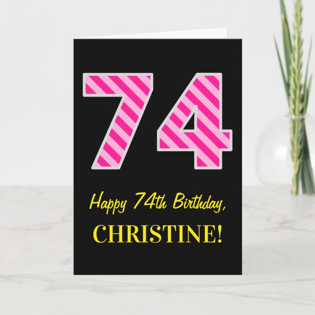 Carte Amusant rayé rose "74"; Joyelux 74e anniversaire;  (Devant)