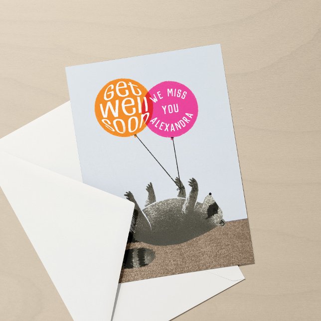 Carte Amusant Se Bien Bientôt Raccoon Ballons (funny dark humor get well soon card with dead raccoon and balloons tied to a foot)