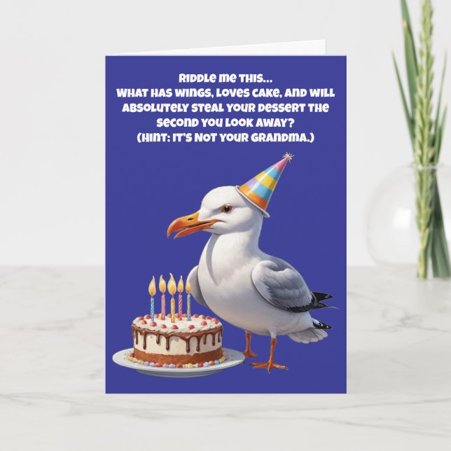 Carte Amusant Seagull Birthday Riddle - Cake at Risk! (Devant)
