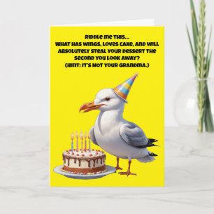 Carte Amusant Seagull Birthday Riddle - Cake at Risk!