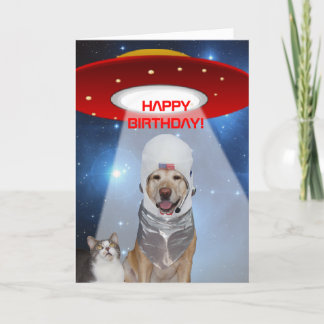 Carte Amusant thème de l'espace, chien et chat Anniversa