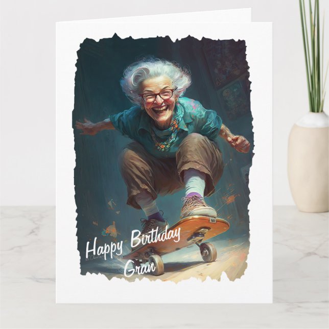 Carte Amusante grand-mère active sur un skateboard anniv (Devant)