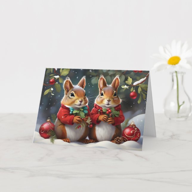 Carte Amusement festif avec de mignons écureuils de Noël (Petite plante)