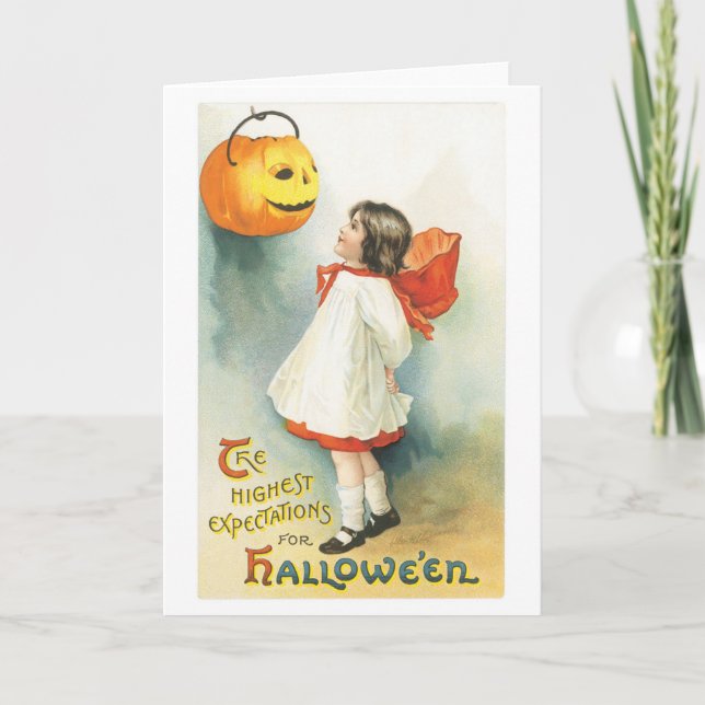Carte Ancien Halloween, fille et Jack-o'-lanterne (Devant)