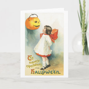 Carte Ancien Halloween, fille et Jack-o'-lanterne