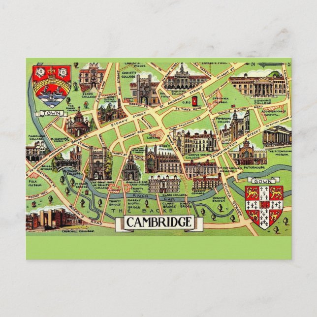 Carte ancienne de Cambridge sur carte postale (Devant)