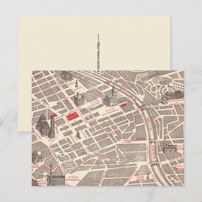 Carte ancienne de Florence sur carte postale (Devant / Derrière)