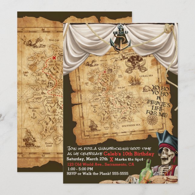 Carte Ancienne Trésor Bateau Pirate Fête d'Anniver (Devant / Derrière)
