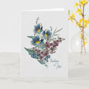 Carte Anémone bleue gaie Pensée pour toi Aquarelle