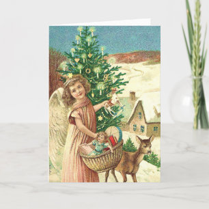 Carte Ange apportant des cadeaux et des présents de Noël