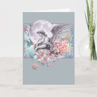 Carte Ange au clair de lune — Lune et fleurs roses, pale