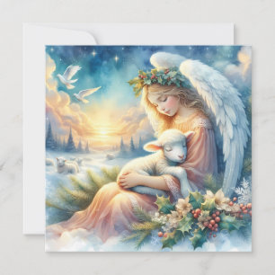 Carte Ange de Noël avec agneau dans la paix hivernale