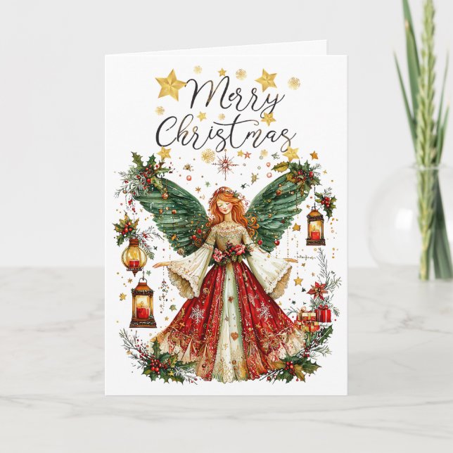 Carte Ange de Noël et lanternes allumées. Noël (Devant)
