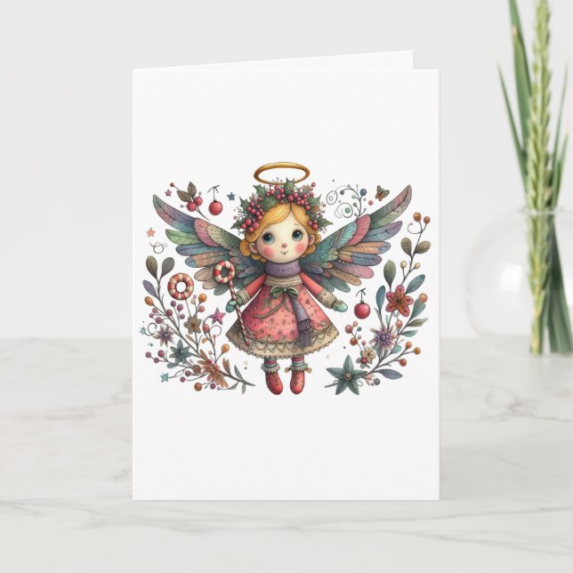 Carte Ange de Noël Whimsical avec ailes multicolores (Devant)