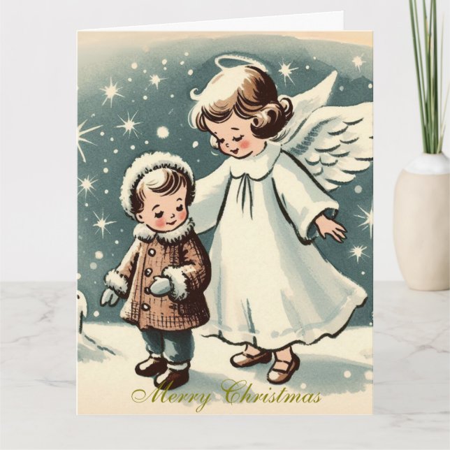 Carte Ange et enfant de Noël vintage (Devant)