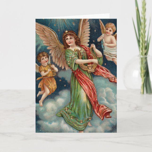 Carte Ange vintage avec l'harpe et deux anges (Devant)