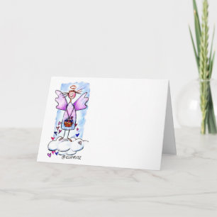 Carte Angel sur nuage blanc avec panier de coeurs dessin