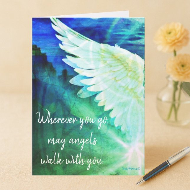 Carte Angels Marchez avec vous Gardien Angel Blue Wing N (Angel note card blue green wing Wherever you go may angels walk with you quote art Kristy McAdams)