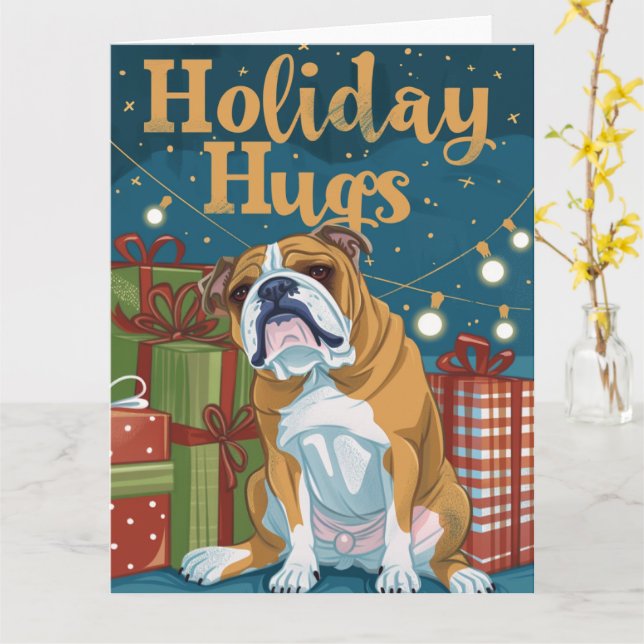Carte Anglais Bulldog Holiday Hugs (Fleur jaune)