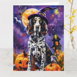 Carte Anglais Setter Chien Halloween Sorcière Et Citroui