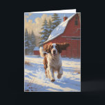 Carte Anglais Springer Espagnol Winter Grange Paysage<br><div class="desc">Un tableau d'hiver réaliste et chaleureux d'un espagnol Springer anglais avec un manteau moelleux et une queue agitée, délimitant joyeusement à travers des champs enneigés. Ses longues oreilles coulent dans le vent tandis qu'il passe devant une grange rouge rustique avec des toits dépoussiérés par la neige, encadrés par de grands...</div>