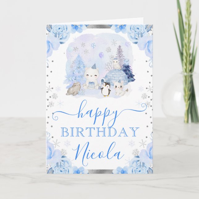 Carte Animaux arctiques aquarelle Fleur Anniversaire (Devant)