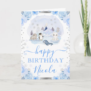 Carte Animaux Arctiques Aquarelle Fleurie Anniversaire
