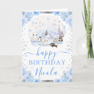Carte Animaux Arctiques Aquarelle Fleurie Anniversaire