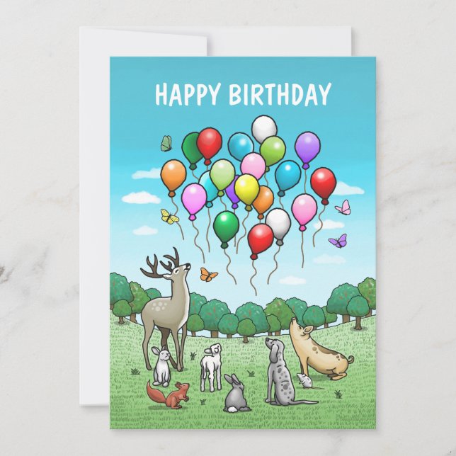 Carte Animaux avec ballons colorés Anniversaire (Devant)