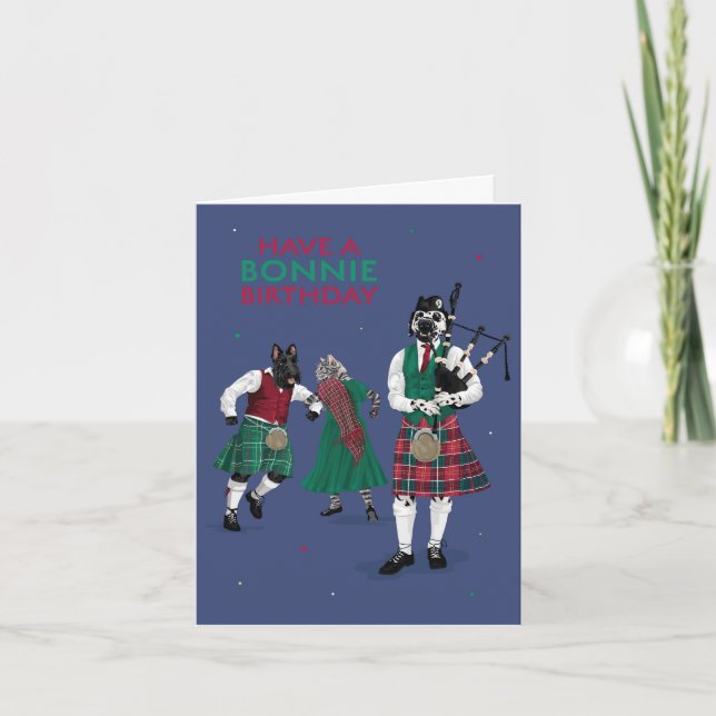 Carte Animaux de compagnie en Kilts Jouer Bagpipes Bonni (Devant)