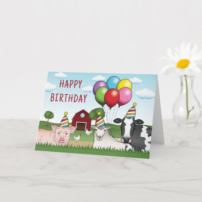 Carte Animaux De Ferme Ballons D'Anniversaire Et Baryard (Petite plante)