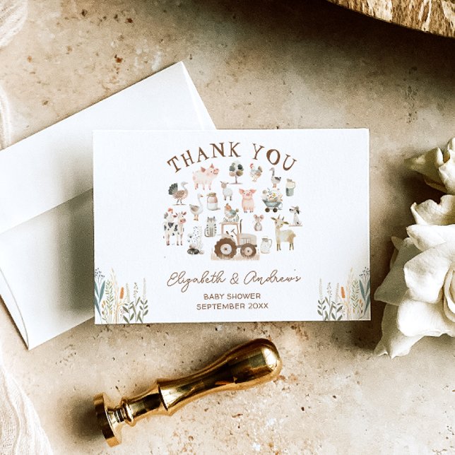 Carte Animaux de ferme Barnyard Baby shower Merci (Créateur téléchargé)
