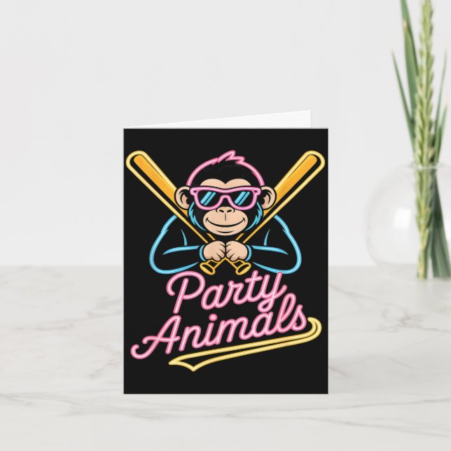 Carte Animaux de fête drôles singe baseball rétro Drôle  (Devant)