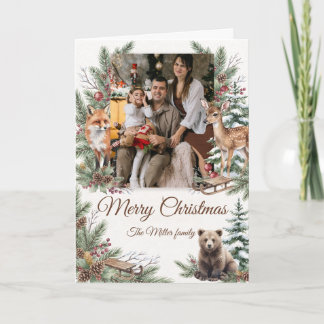 Carte Animaux de la forêt à l'aquarelle Noël Photo perso