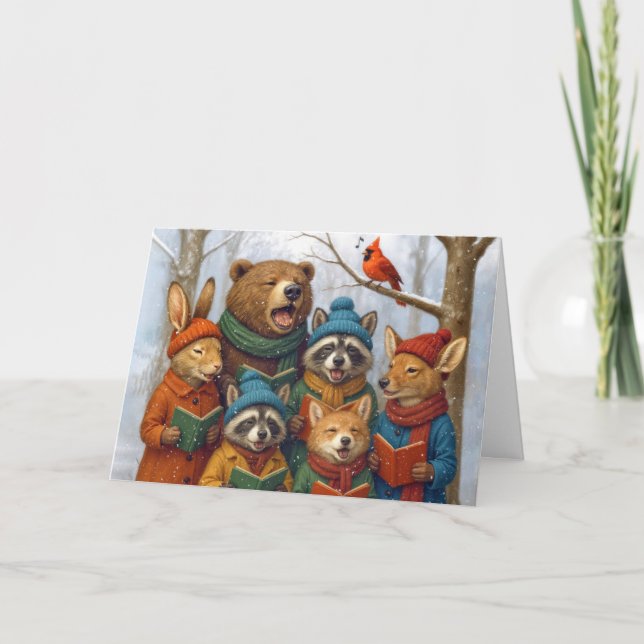Carte Animaux de la forêt de Noël chantant en chœur dans (Devant)