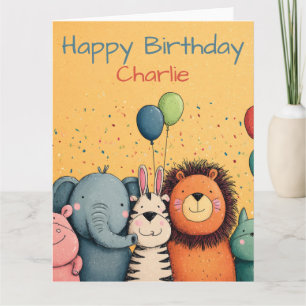 Carte Animaux de zoo mignons fêtent avec des ballons et