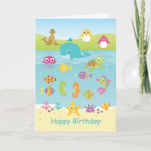 Carte Animaux marins : baleine, pingouin, anniversaire d