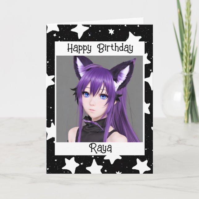 Carte Anime Girl with Fox Ears Purple Birthday (Devant)