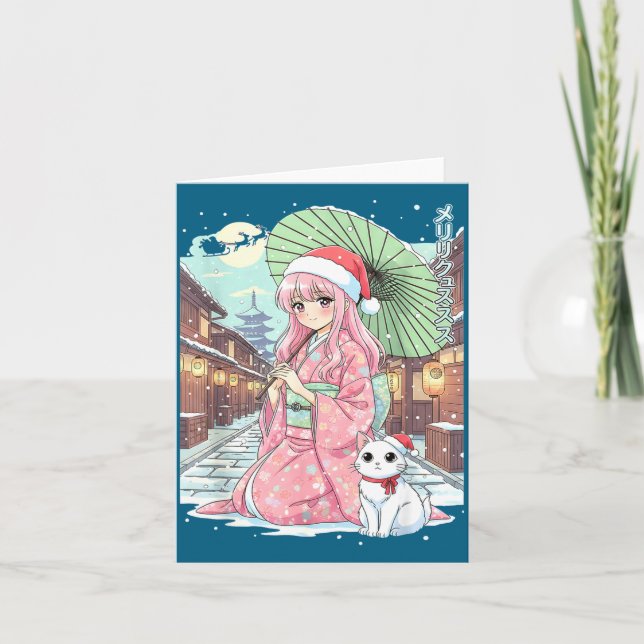 Carte Anime Kimono Girl Christmas Japan Cat Xmas Japan A (Devant)