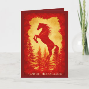 Carte Année du Cheval 2026 – Nouvel An Lunaire Rouge et 